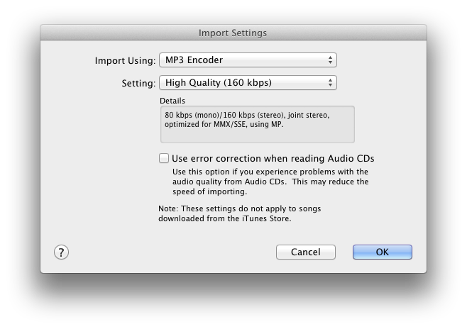 The Import Settings window in iTunes. At the top is a dropdown labelled "Import Using", with the "MP3 Encoder" option selected.