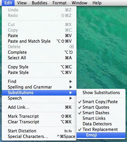 A menu expanded in macOS with Edit, Substitutions, Emoji highlighted.