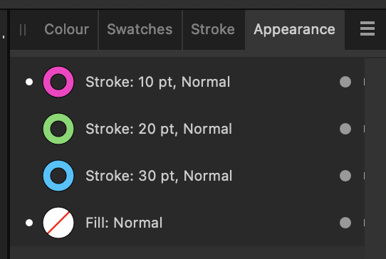 The appearance panel in Affinity Designer showing three strokes applied to the same shape, each with decreasing width.