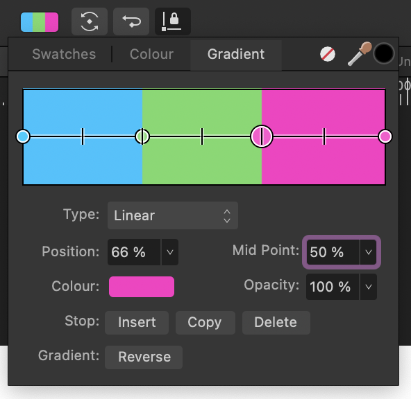 The gradient tool panel showing a blue, green, and pink gradient.