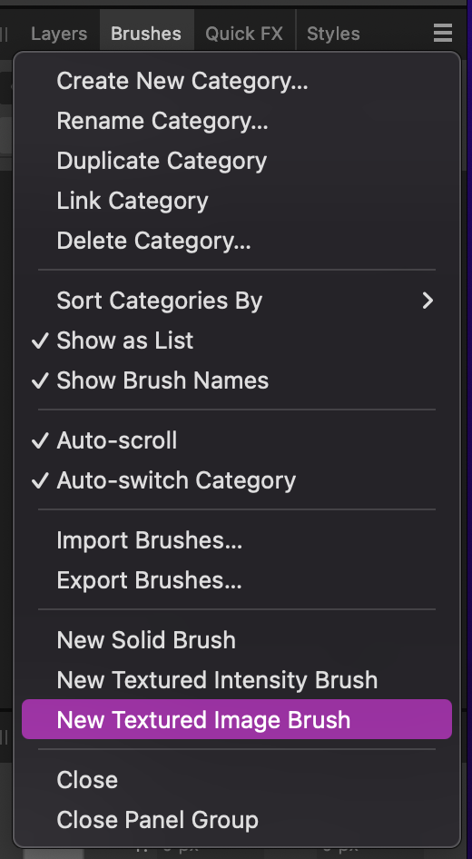 The brushes panel with the menu open and New Textured Image Brush selected.