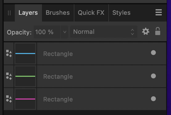 The layers panel in Affinity Designer showing how the previous image was created using three rectangles, one of each colour.