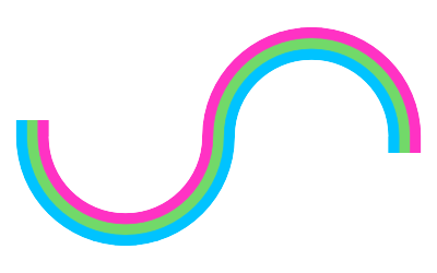 The half infinity symbol with three stripes; pink, green, and blue